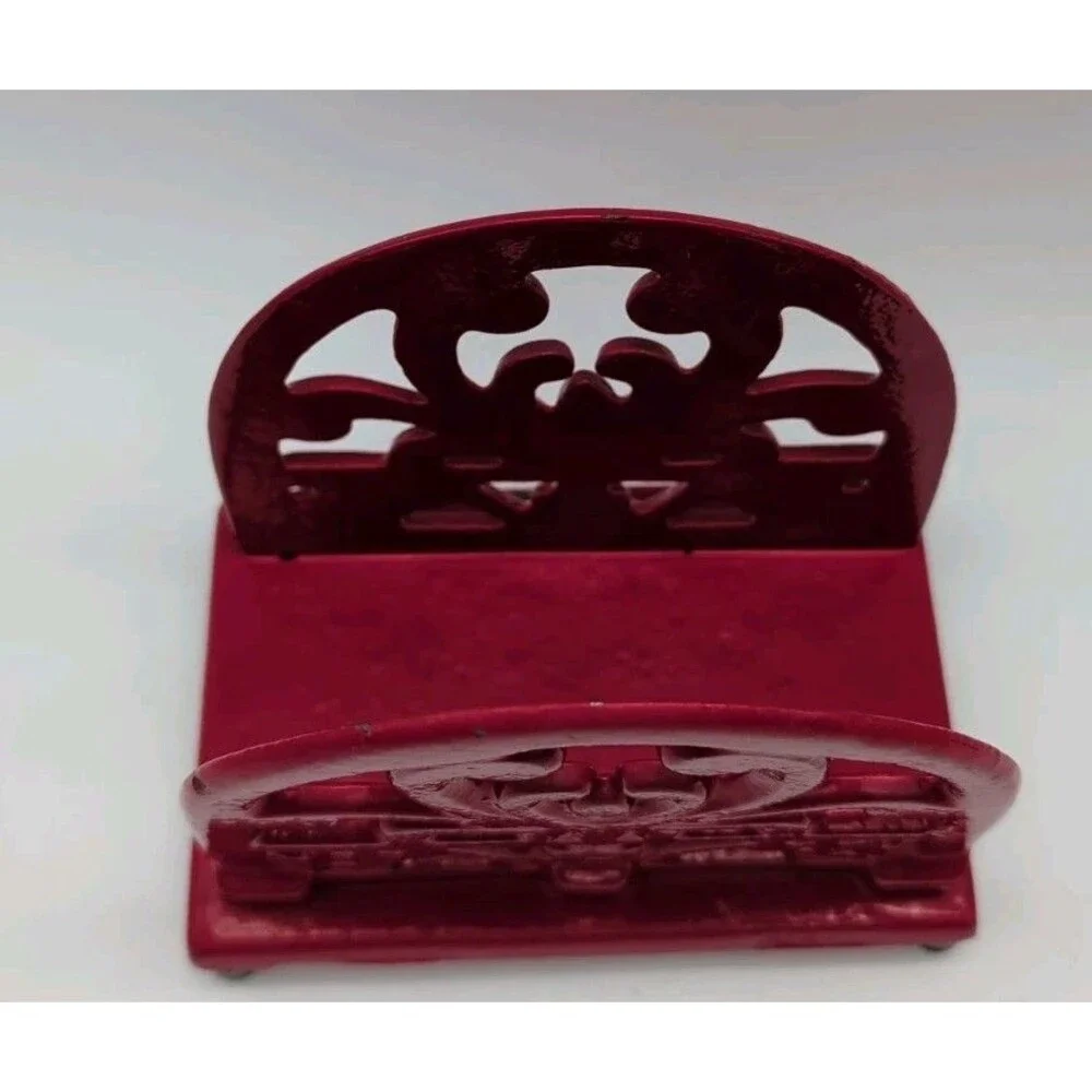 Cast Iron Napkin Holder Red Scroll Design Letter Organizer Farmhouse Heavy Vtg